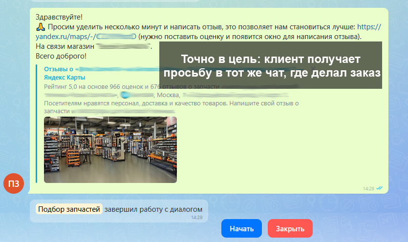 Сбор отзывов клиентов после доставки: просьба об отзыве глазами клиента в Telegram